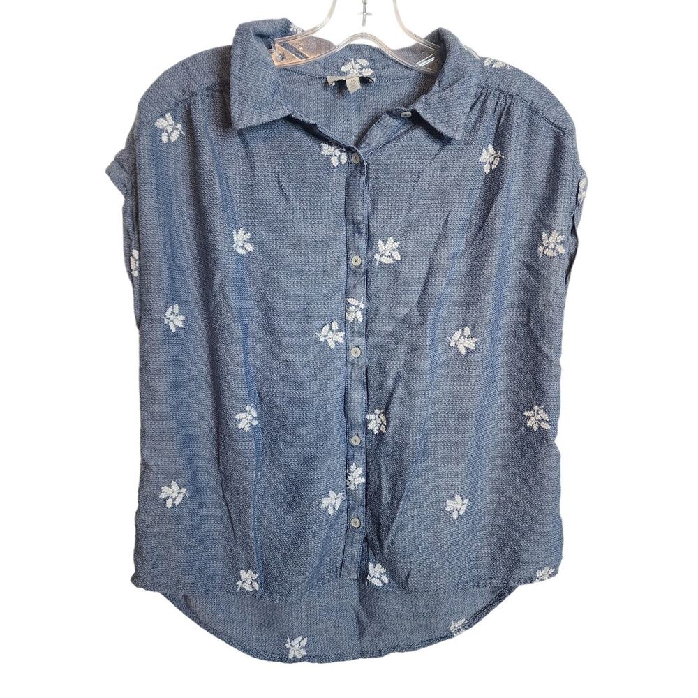 Lucky Brand Blue Heather Floral Collared Blouse, Medium
